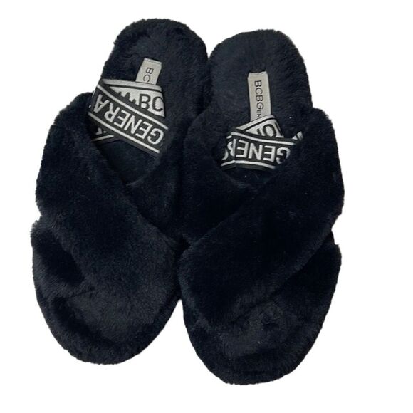 BCBGGeneration Black Fuzzy Slippers. Size 8/9. - Picture 1 of 5